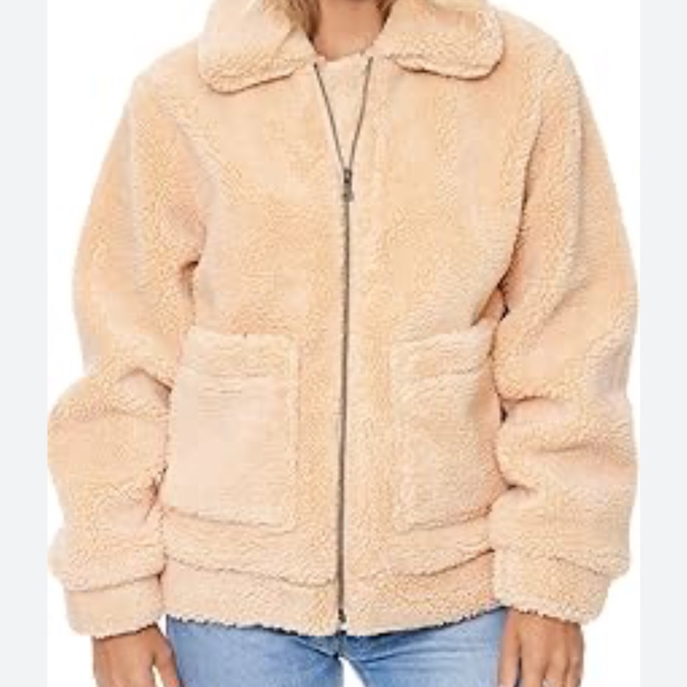 Anthropologie Elodie Teddy Sherpa Jacket | Cozy Zip-Up Neutral Beige | Lg NWOT